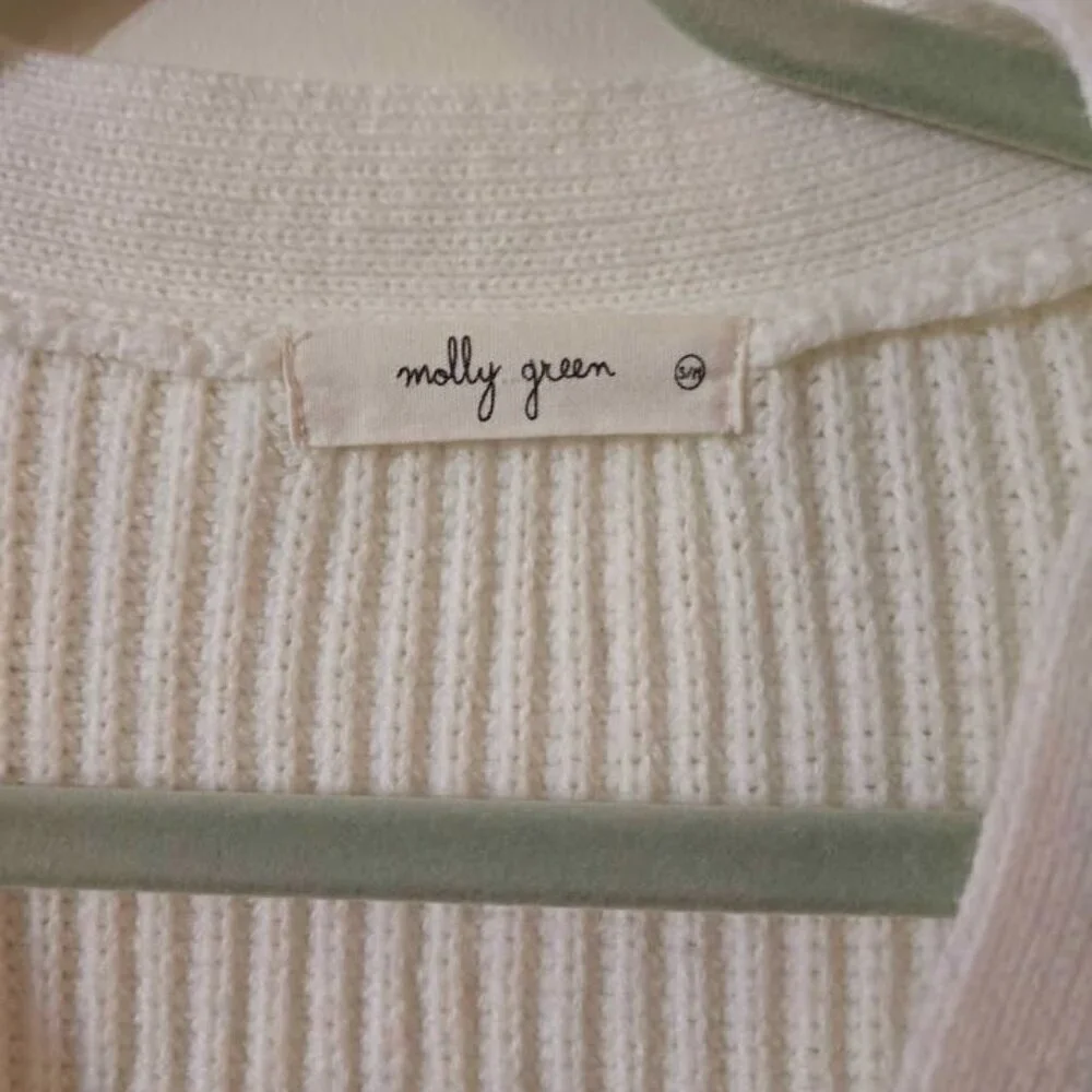 Molly Green Size S/M White Cardigan Sweater with Brown/White Striped Sleeves - Picture 2 of 7